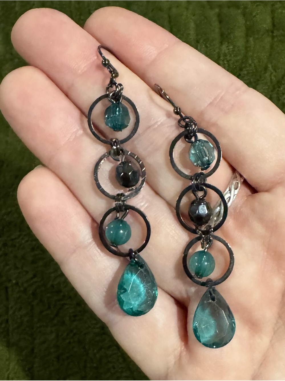 Teal and Gunmetal Acrylic Faceted Crystal Drop Dangle Earrings